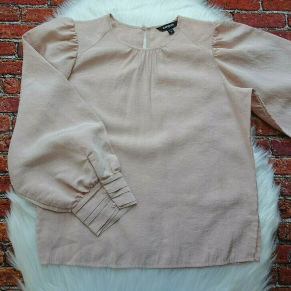 💰3/$2 EXPRESS Pink Blouse Top Puffed Balloon Sleeve Shirred Button Cuff Chic XS - Picture 6 of 13